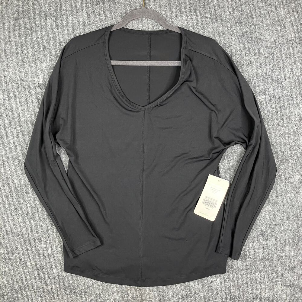 Fabletics Long Sleeve Top Womens Large Black Stretch V-Neck Seam Detail NWT